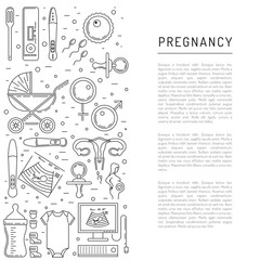 Vector icons pregnancy, obstetrics, gynecology outline icons. Medicine symbols mother, newborn health care, diagnostic equipment. Vector banner isolated on white background with place for text