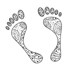 Foots. Hand drawn element with abstract patterns on isolation background. Design for spiritual relaxation for adults. Line art creation. Black and white illustration for coloring. Print for t-shirts