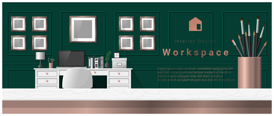 Interior design with table top and Modern office workplace background , vector , illustration