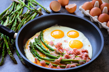 Fried eggs with asparagus and ham on a dark stone board