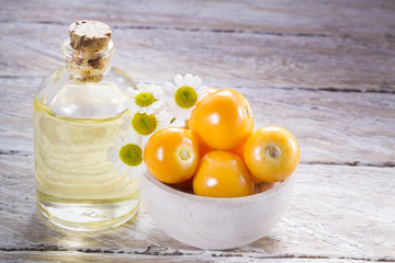 fresh uchuva fruits, The plant known as uchuva, uvilla, aguaymanto or ushun is a herbaceous plant belonging to the family solanaceae (Physalis peruviana)