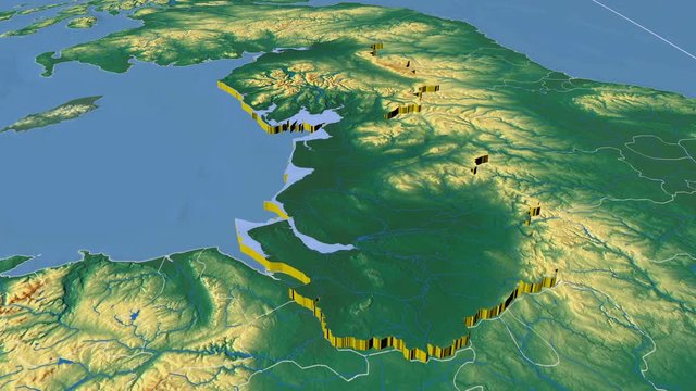 North West - United Kingdom England Regions, region extruded. Bumps shaded
