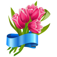 Bouquet of tulips with greetings ribbon / There are five red tulips wrapped with blue ribbon
