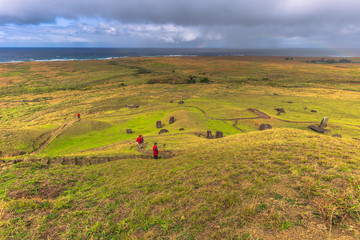 Ranu Raraku, Easter Island - July 10, 2017: Moai statues of Ranu Raraku, Easter Island