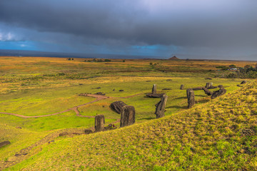 Ranu Raraku, Easter Island - July 10, 2017: Moai statues of Ranu Raraku, Easter Island