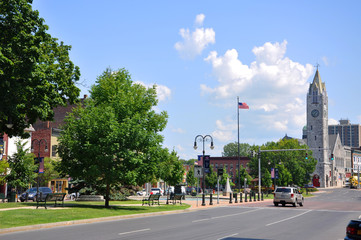 Fototapeta na wymiar First Baptist Church in Public Square in downtown Watertown, Upstate New York, USA.