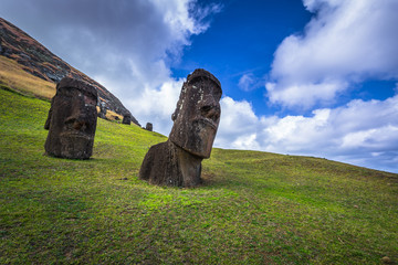 Ranu Raraku, Easter Island - July 10, 2017: Moai statues of Ranu Raraku, Easter Island