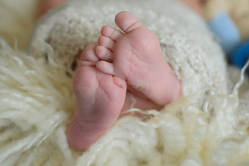 Soft newborn baby feet against a white blanket.