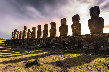 Ahu Tongariki, Easter Island - July 10, 2017: Moai altar of Tongariki, Easter Island