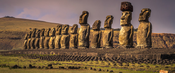 Ahu Tongariki, Easter Island - July 10, 2017: Moai altar of Tongariki, Easter Island