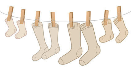 Cotton socks - brown, woolen family pack on clothesline - for mum, dad, kid and baby. Isolated vector comic illustration on white background.