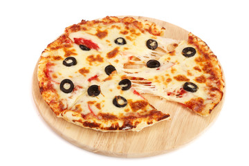 pizza with black olives on a wooden board isolated on white background