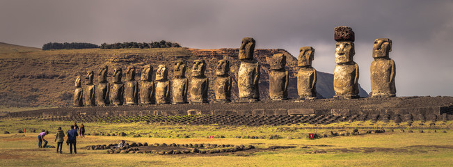 Ahu Tongariki, Easter Island - July 10, 2017: Moai altar of Tongariki, Easter Island - obrazy, fototapety, plakaty