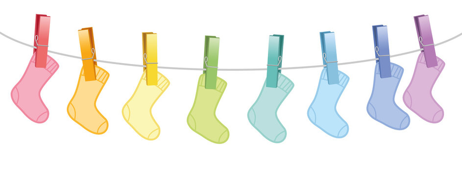 Baby socks on clothes line - rainbow colored cute woolen set clipped with eight colorful clothespins. Isolated vector comic illustration on white background.