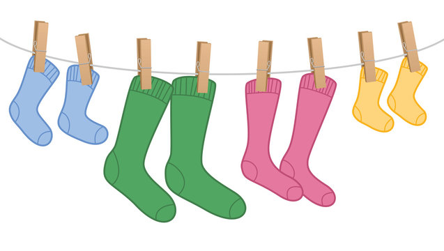 Clothes Line With Wool Socks, Family Set - Different Colors And Sizes For Parents And Children. Isolated Vector Comic Illustration On White Background.