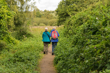Fototapeta na wymiar two happy senior ladies having a walk in the park among birds and wildlife.