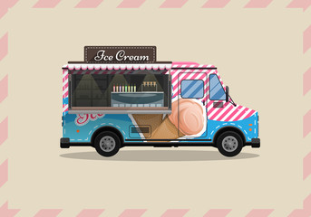 Ice cream cart, kiosk on wheels, retailers, dairy desserts, isolated and Flat style vector illustration. Cool refreshing dessert sale Illustration for your projects