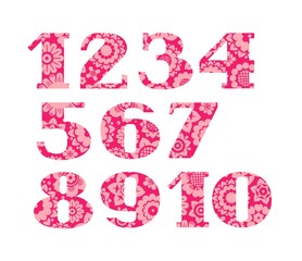 Numerals, rose flowers, vector. Figures with serifs. Decorative pink flowers on dark pink background. 