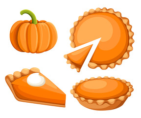 Pies Vector Illustration.Thanksgiving and Holiday Pumpkin Pie. Happy Thanksgiving Day traditional pumpkin pie with whipped cream on the top Web site page and mobile app design vector element © Alfmaler