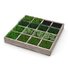 Vegetable garden with assortment vegetables and cold container on white. 3D illustration