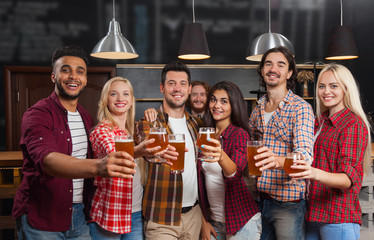 Young People Group In Bar, Happy Smiling Friends Pub, Drink Beer Cheers Communication Party Celebration