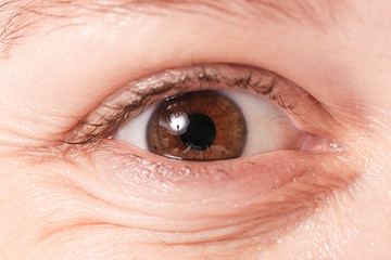 Obraz premium Close up view of a brown woman eye looking at camera