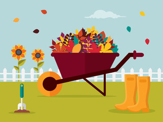 Autumn Gardening. Wheelbarrow with Colorful Autumn Leaves, Sunflower and Rubber Boots in Garden. Flat Design Style. 