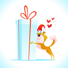 Vector cartoon portrait of funny smiling dog in santa hat with big gift box and hearts isolated on white background. Good for Christmas card, packaging, banner design.