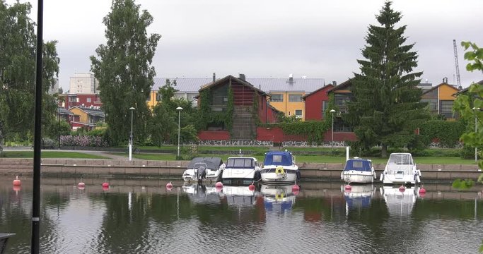 4K high quality video footage of medieval Porvoo old town on river Porvoonjoki, cathedral, river embankment, boats, old warehouses, area 50 km east of Helsinki, capital of Finland in northern Europe