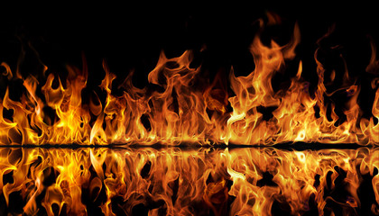 The texture of fire on a black background is reflected in a glossy table.