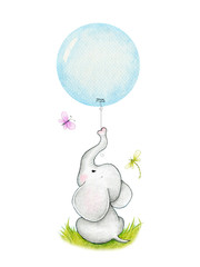 Cute elephant with  blue balloon - 171496351