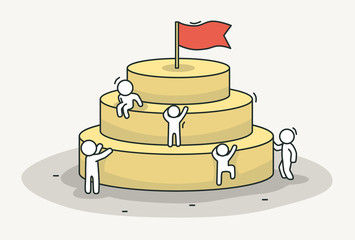 Little white people climb the pyramid. Leadership and success concept. Hand drawn cartoon or sketch design.