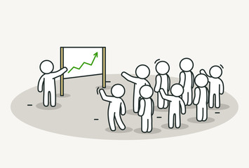 Little white people with leader making a presentation. Conference or presentation concept. Hand drawn cartoon or sketch design.