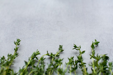 Food background: thyme herb on a grey kitchen table
