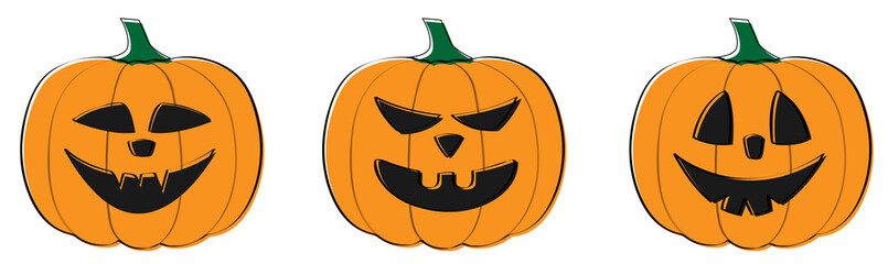 Set of funny and scary hand drawn pumpkins. Vector.