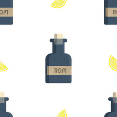 Seamless pattern with rum bottles and lemon . flat style.