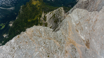 Bird's eye view of mountain ridge leading into deep gap.