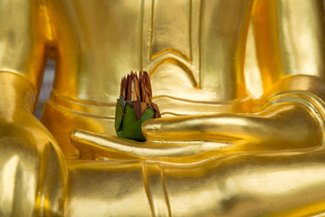 Close-up detail of a golden statue of Lord Buddha in the Bhumisparsha Mudra sitting position, with a flower offering in the palm of his hand. Uthai Thani, Thailand. Travel and religion concept.