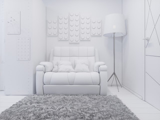 Childrens room for a teenage boy. 3d illustration of interior design without textures and materials. Render in white textures