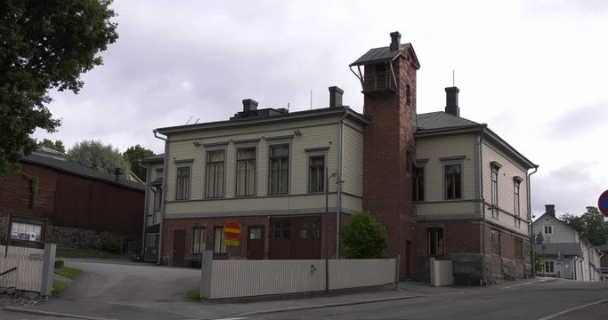 4K high quality video footage of medieval Porvoo old town on river Porvoonjoki, cathedral, river embankment, boats, old warehouses, area 50 km east of Helsinki, capital of Finland in northern Europe
