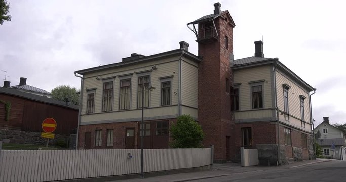 4K high quality video footage of medieval Porvoo old town on river Porvoonjoki, cathedral, river embankment, boats, old warehouses, area 50 km east of Helsinki, capital of Finland in northern Europe