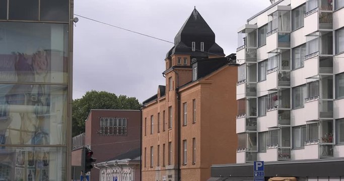 4K high quality video footage of medieval Porvoo old town on river Porvoonjoki, cathedral, river embankment, boats, old warehouses, area 50 km east of Helsinki, capital of Finland in northern Europe