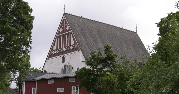 4K high quality video footage of medieval Porvoo old town on river Porvoonjoki, cathedral, river embankment, boats, old warehouses, area 50 km east of Helsinki, capital of Finland in northern Europe