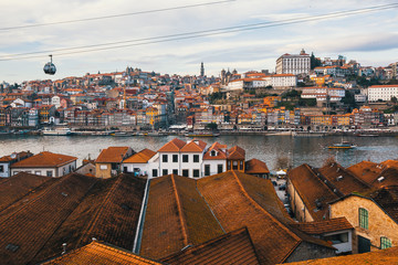 Top view of Douro river and rooftops Vila Nova de Gaia, Porto, Portugal..