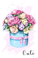 Cute hand drawn flower box. Beautiful flower bouquet with stylish box. Sketch. Vector illustration.