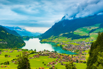 The beautiful Interlaken valley and Thunersee lake - obrazy, fototapety, plakaty