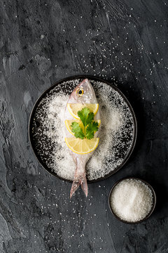 Sea bream on a plate with salt