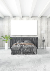 White bedroom minimal style Interior design with wood wall and grey sofa. 3D Rendering. 3D illustration