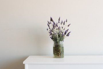 Lavender in glass jar on white cabinet against neutral wall background