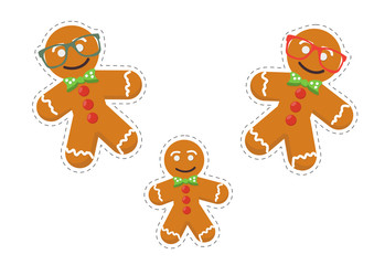 Gingerbread men stickers vector templates. Christmas traditional sweet cookies or biscuits characters made in a cartoon style. Great also as Gingerbread men stickers for Saint Nicholas Day or Feast.